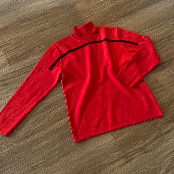 VTG 90’s Y2K men’s unisex iceberg jeans cherry red w/black stripe sweater skiing
